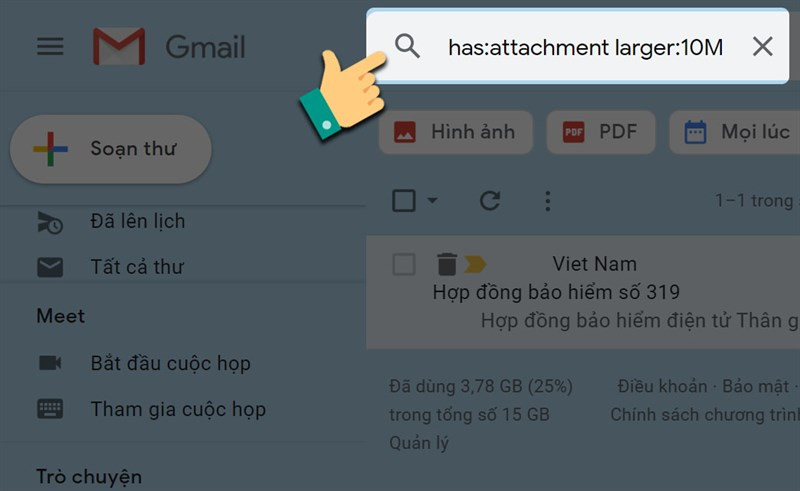 Alt: Tìm kiếm email có file đính kèm lớn trong Gmail