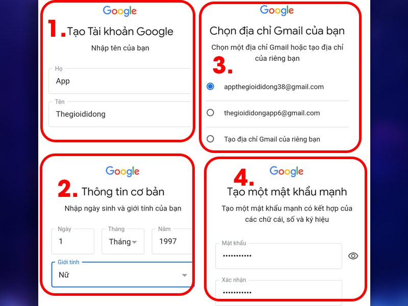 Ảnh chụp màn hình điền thông tin cá nhân khi đăng ký Gmail.