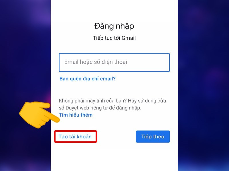 Ảnh chụp màn hình giao diện tạo tài khoản Gmail.