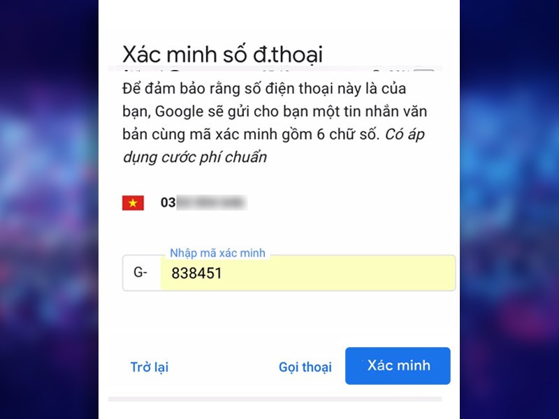 Ảnh chụp màn hình nhập mã xác minh khi đăng ký Gmail.