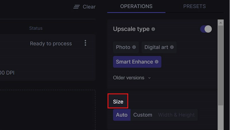 Bạn có thể tùy chỉnh độ phân giải ảnh bằng cách ở thẻ OPERATIONS, chọn mục Size