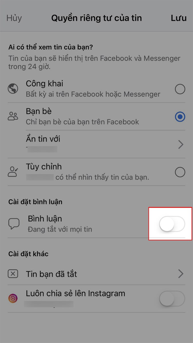 Bật bình luận story Facebook