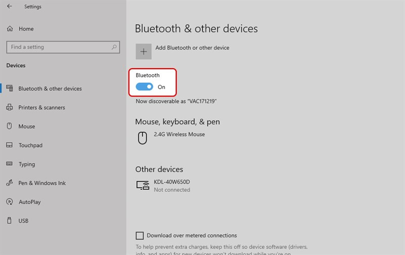 Bật Bluetooth trong Settings Windows 10