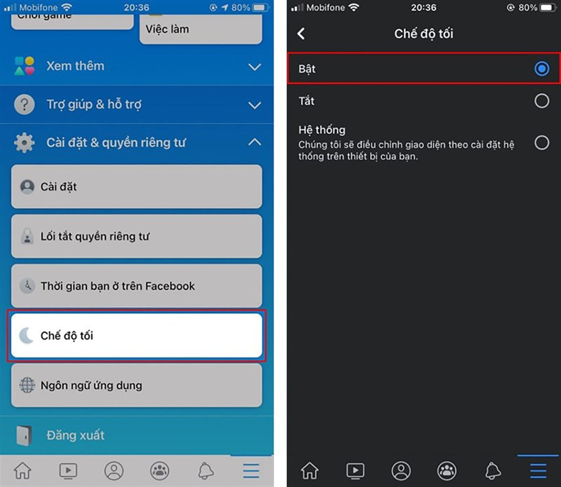 Bật chế độ Dark Mode trong cài đặt và quyền riêng tư Facebook trên iOS