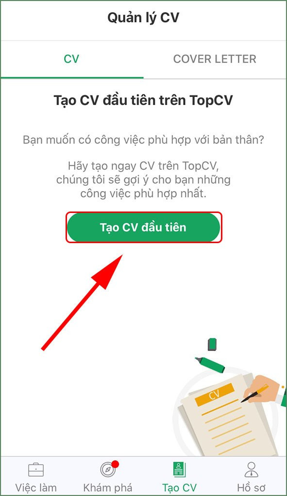 Bắt đầu tạo CV trên ứng dụng TopCV