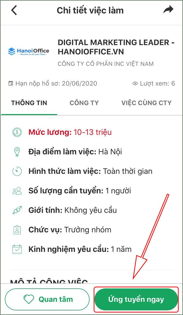 Bắt đầu ứng tuyển công việc đã chọn