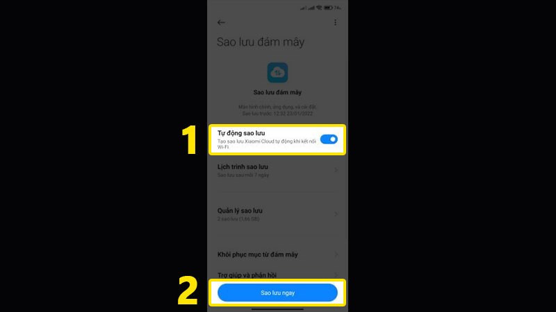 Bật Sao lưu và tiến hành Sao lưu ngay