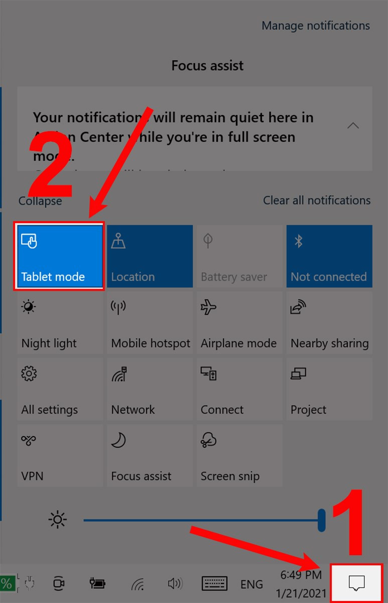 Bật Tablet Mode từ Action Center
