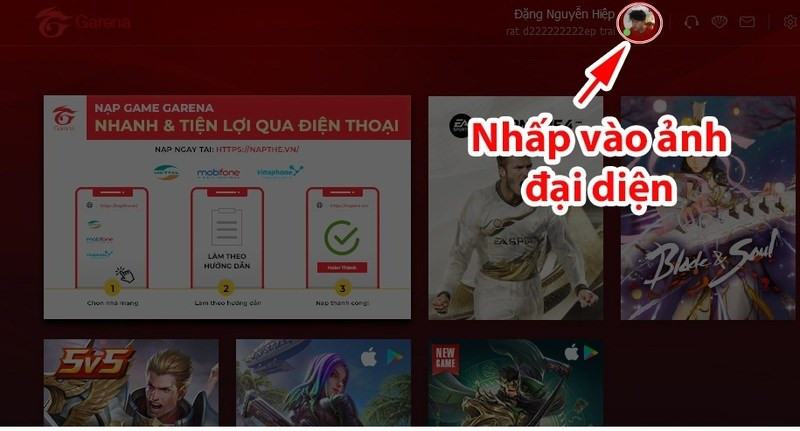 Bước 1: Đăng nhập Garena và click vào ảnh đại diện