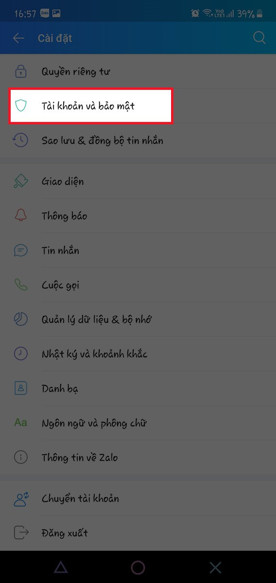 Bước 2: Chọn Tài khoản và bảo mật
