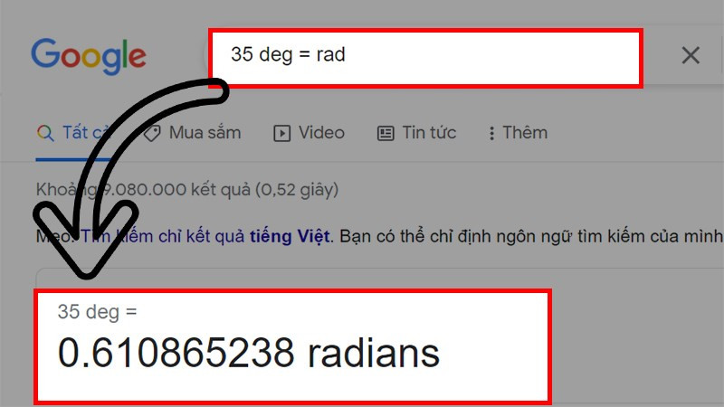 Cách đổi độ sang radian bằng Google