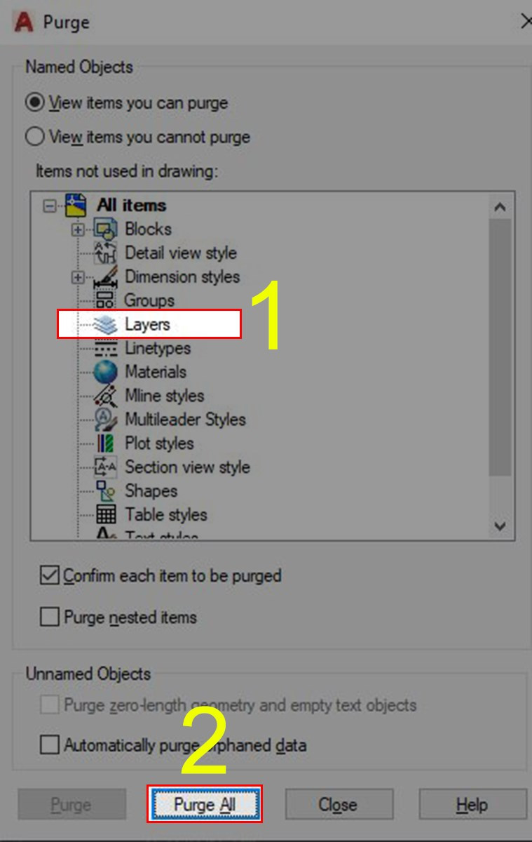 Cách xóa layer bằng lệnh Purge