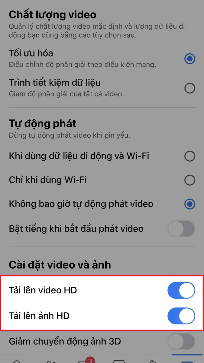 Cài đặt chất lượng video trên Facebook iPhone