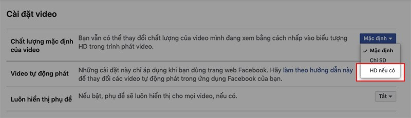 Cài đặt chất lượng video trên Facebook máy tính