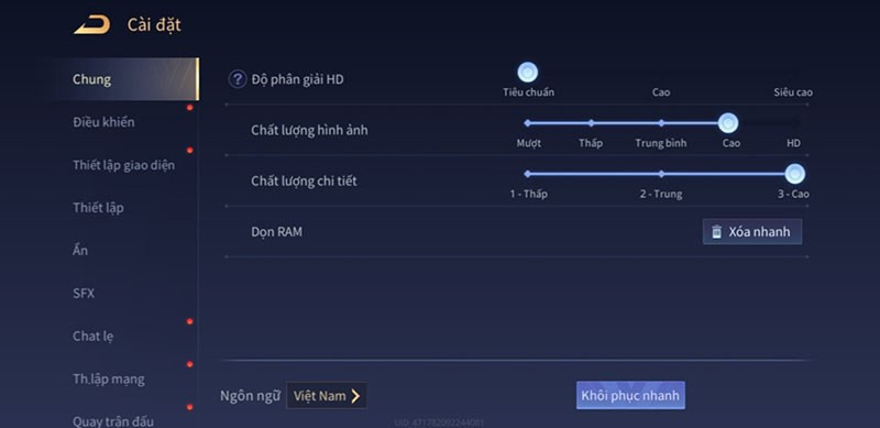 Cài đặt chung giúp tối ưu hóa trải nghiệm chơi game