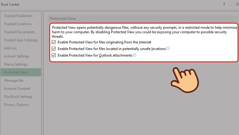 Cài đặt Protected View trong Excel