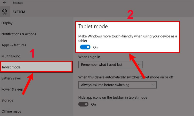 Cài đặt Tablet Mode trong Settings