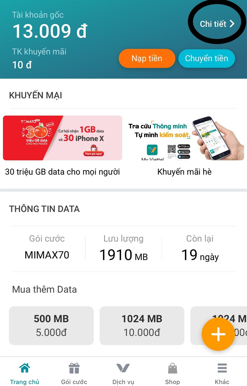 Chi tiết cước trên My Viettel