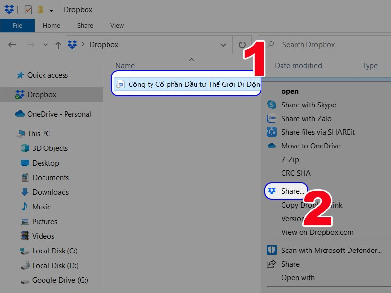Chia sẻ file trên ứng dụng Dropbox máy tính