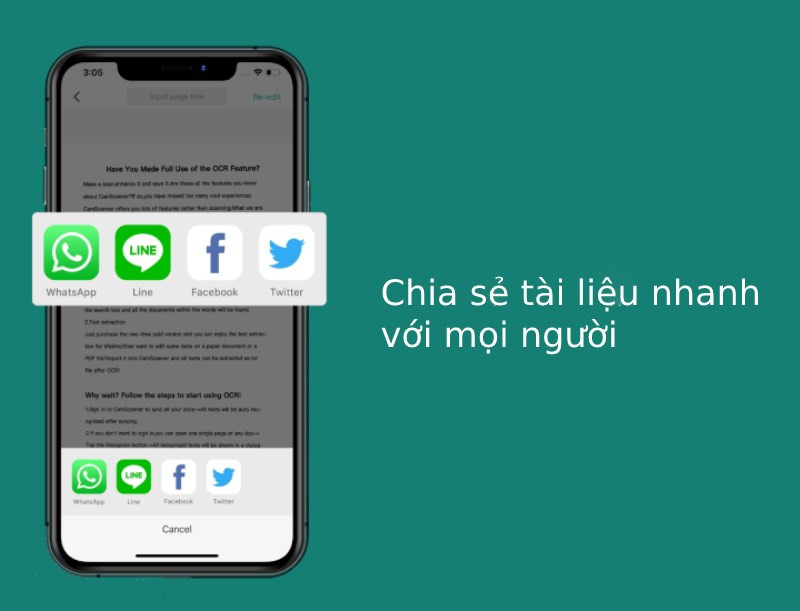 Chia sẻ t&agrave;i liệu qua Facebook, Wechat bằng ứng dụng CamScanner