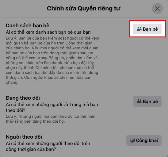 Chỉnh sửa quyền riêng tư bạn bè trên Facebook máy tính