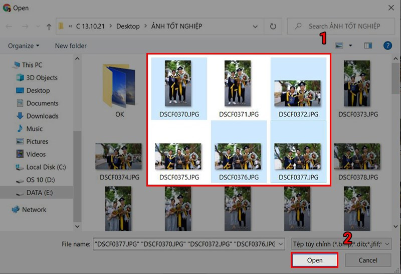 Chọn ảnh và nhấn Open