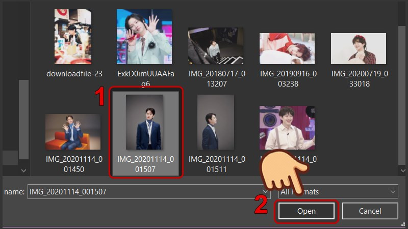 Chọn ảnh và nhấn Open
