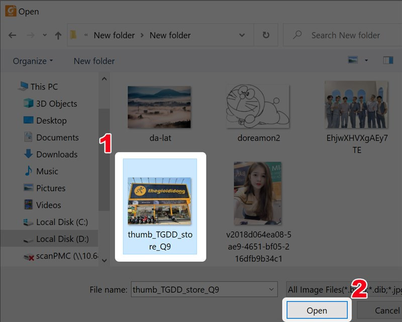 Chọn ảnh và nhấn Open