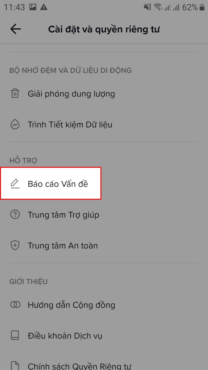 Chọn Báo cáo vấn đề