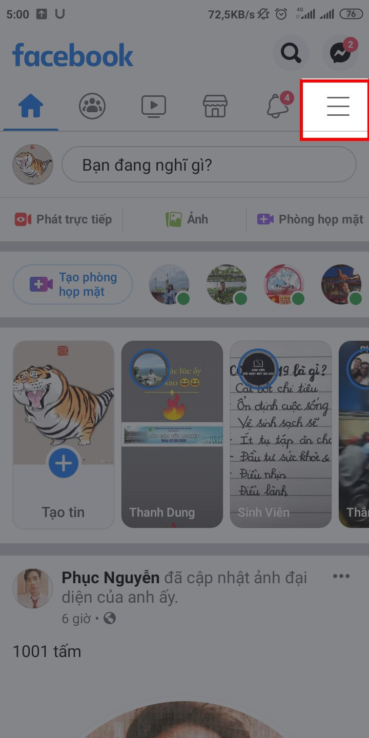 Chọn biểu tượng 3 gạch ngang trên màn hình Facebook