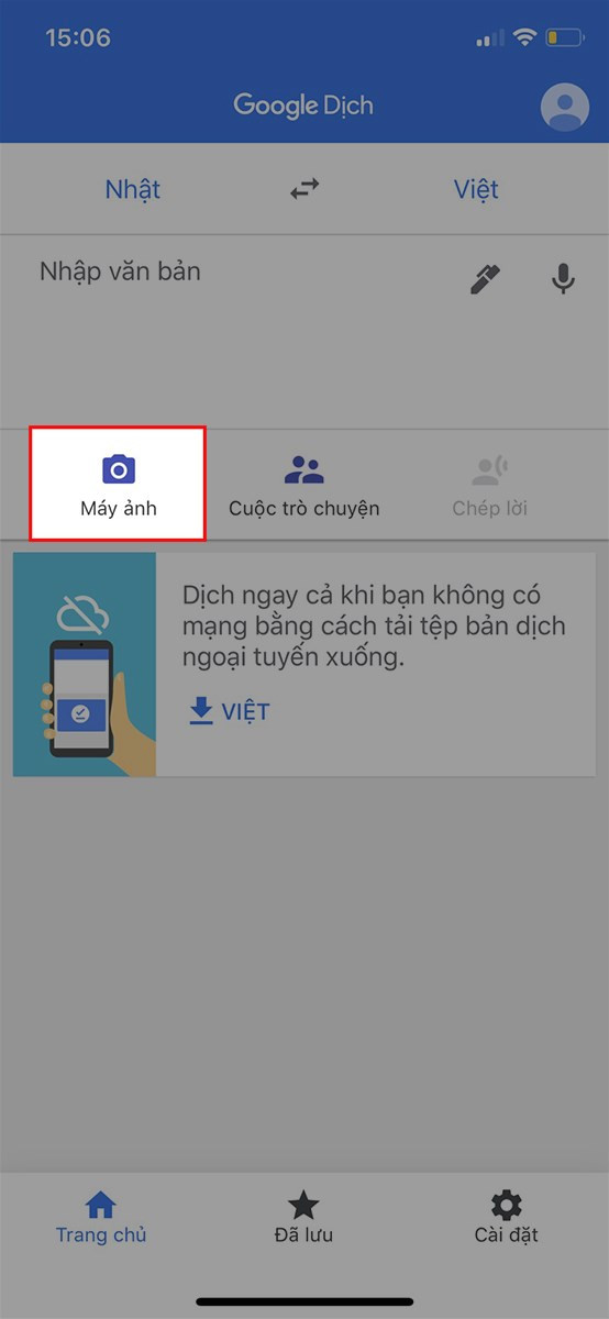 Chọn biểu tượng máy ảnh trong Google Dịch