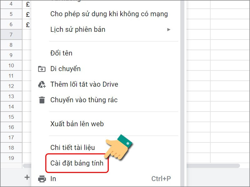 Chọn cài đặt bảng tính