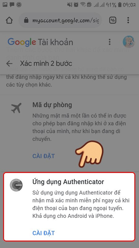 Chọn Cài đặt ở mục Ứng dụng Authenticator