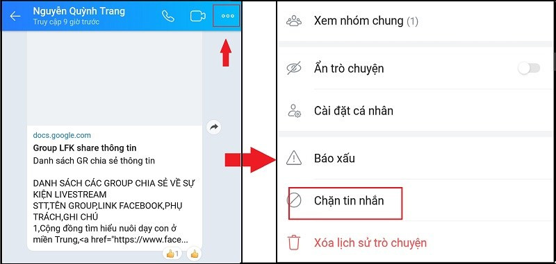 Chọn chặn tin nhắn