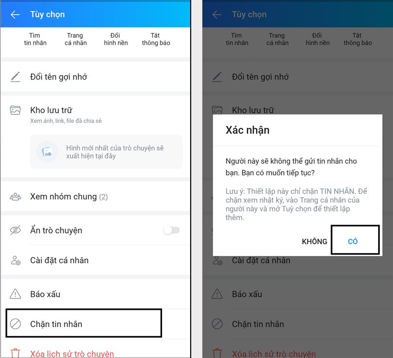 Chọn chặn tin nhắn v&agrave; x&aacute;c nhận c&oacute; để chặn