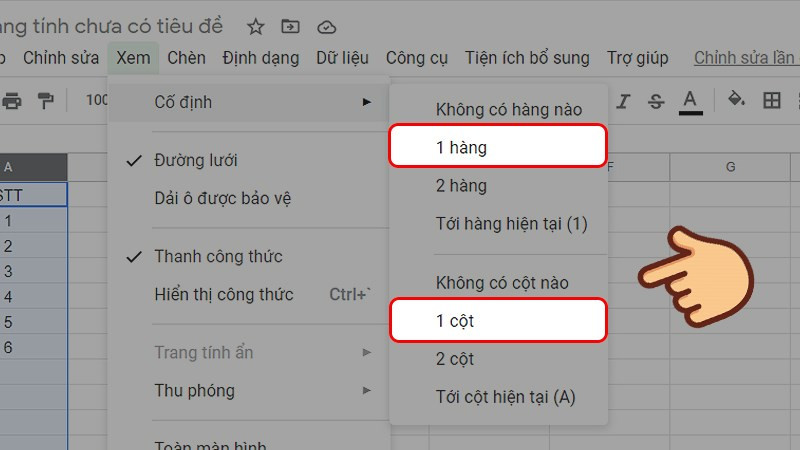 Chọn cố định 1 cột hoặc 1 hàng