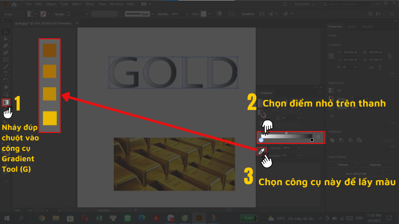 Chọn công cụ Gradient Tool (G) - tạo màu mạ vàng