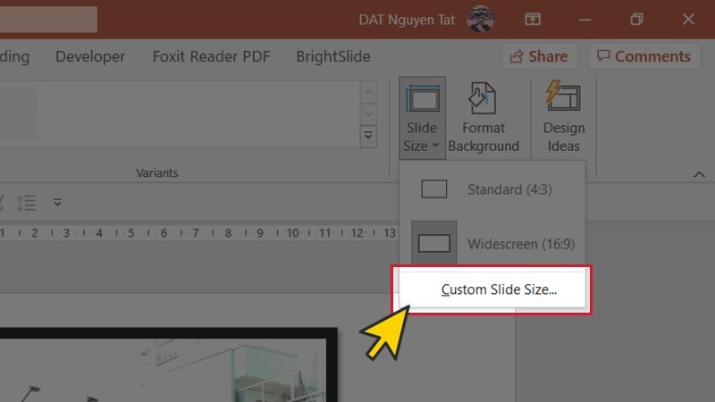 Chọn Custom Slide Size