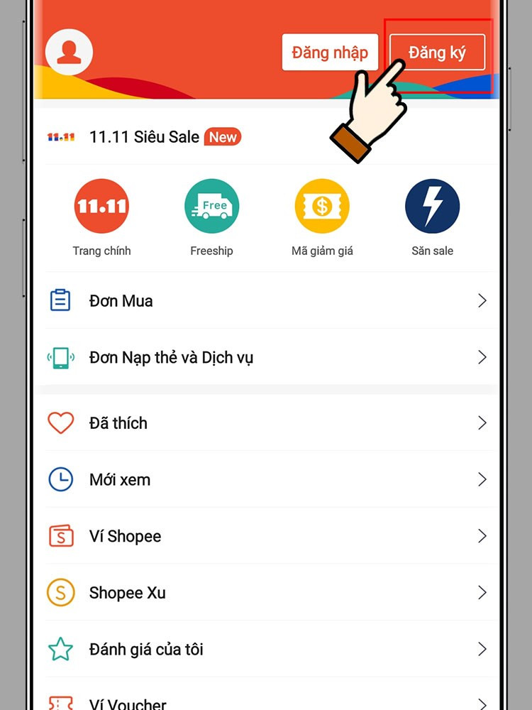 Chọn Đăng ký trên ứng dụng Shopee
