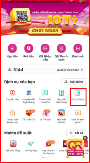 Chọn Data 3G/4G trên Momo