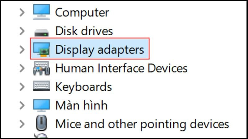 Chọn Display Adapters để x&aacute;c định card m&agrave;n h&igrave;nh