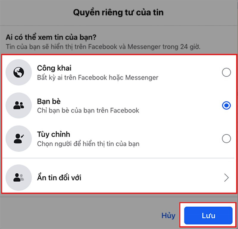 Chọn đối tượng mà bạn cho phép xem tin &gt; Nhấn Lưu