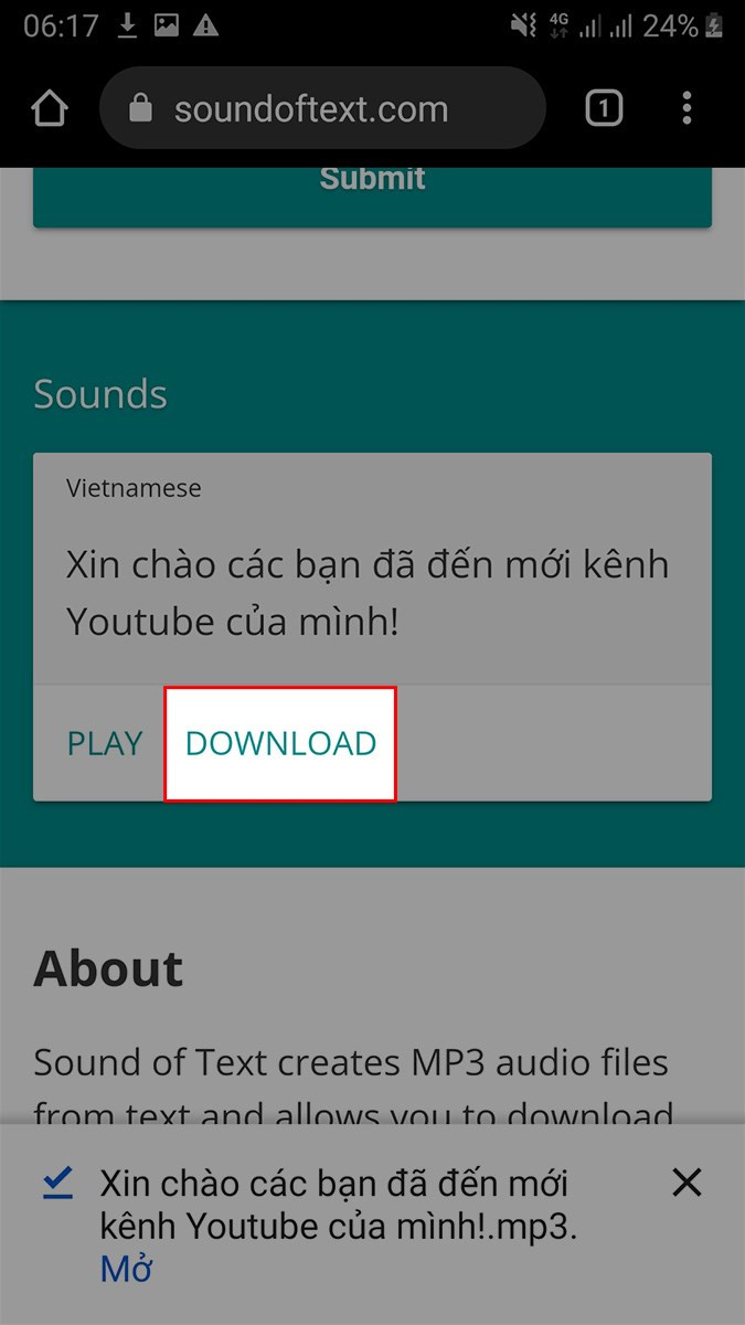 Chọn DOWNLOAD để tải file audio về máy