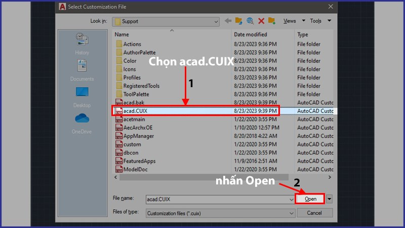 Chọn file acad.CUIX