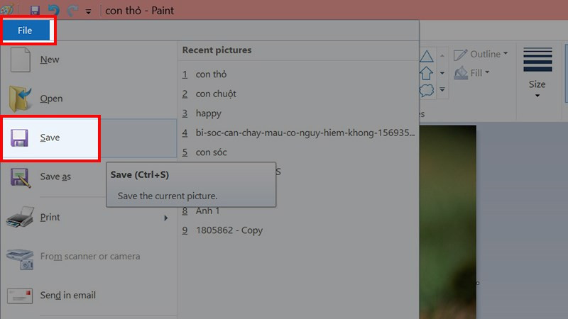 Chọn File > Chọn Save hoặc nhấn tổ hợp phím Ctrl + S để lưu ảnh