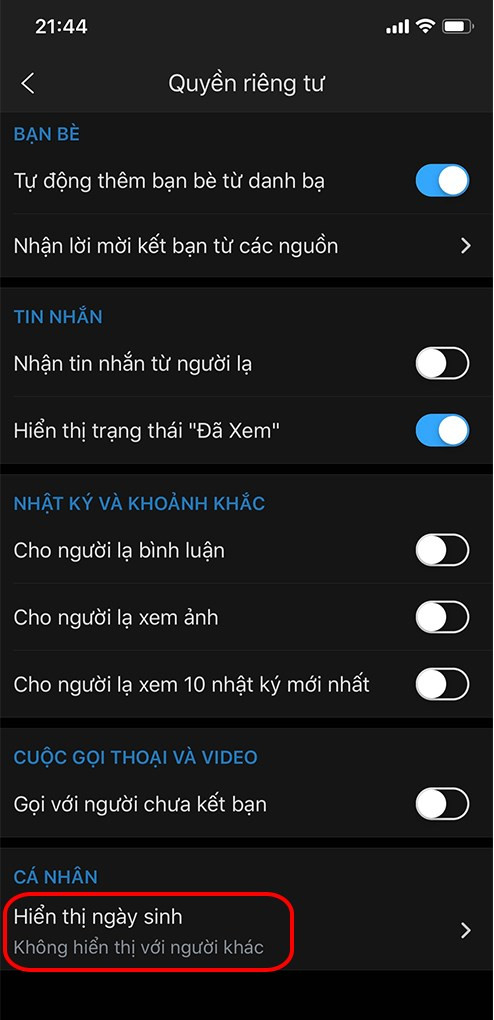 Chọn hiển thị thông tin ngày tháng năm sinh