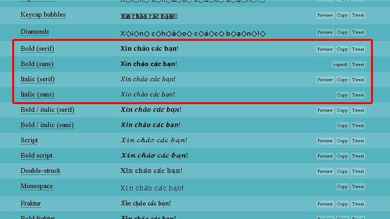 Chọn kiểu chữ và sao chép trên YayText