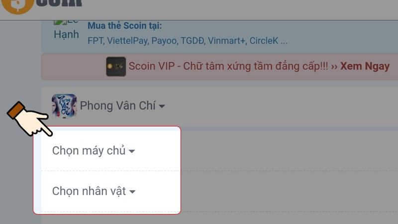 Chọn máy chủ và nhân vật