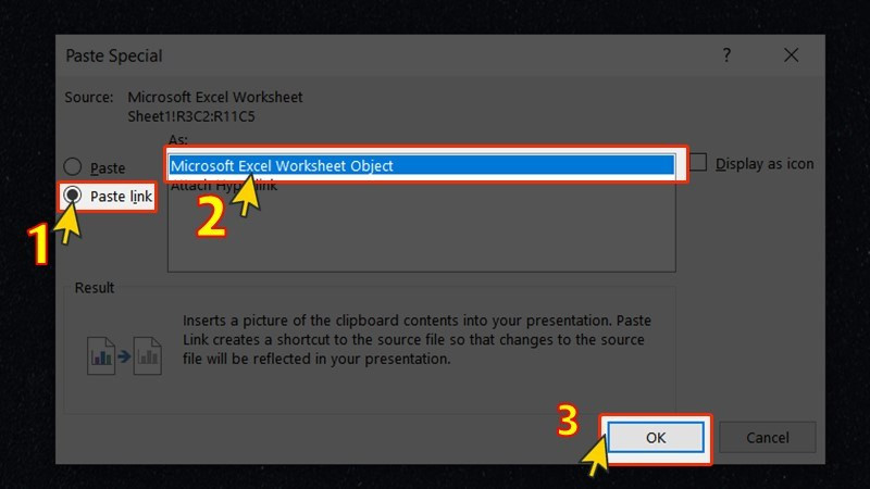 Chọn Microsoft Excel Worksheet Object