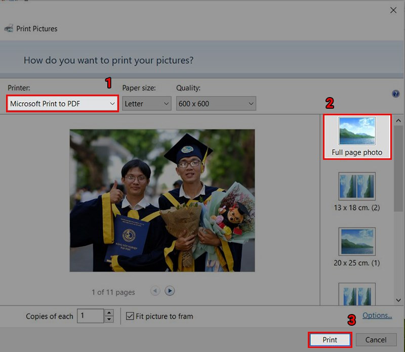 Chọn Microsoft Print to PDF và tùy chỉnh in ấn